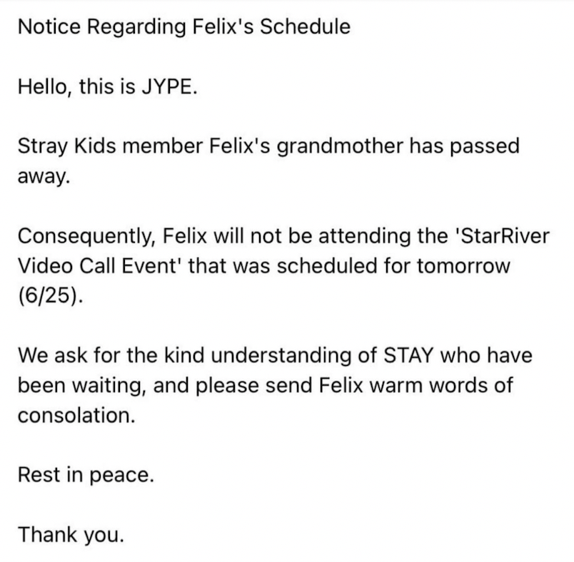 JYP Announcement Regarding Stray Kids Felix