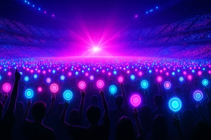 A vertical photo of K-pop fans waving lightsticks in vibrant colors like pink, purple, and blue at an indoor concert.