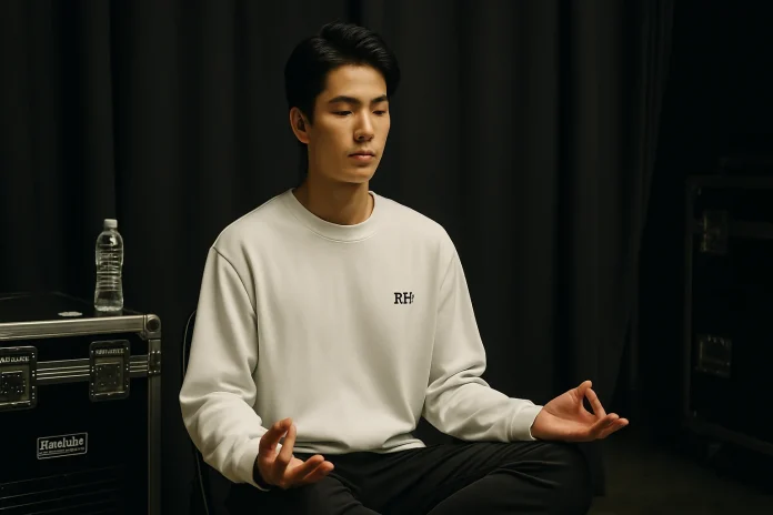 K-pop idol meditating backstage during rest time